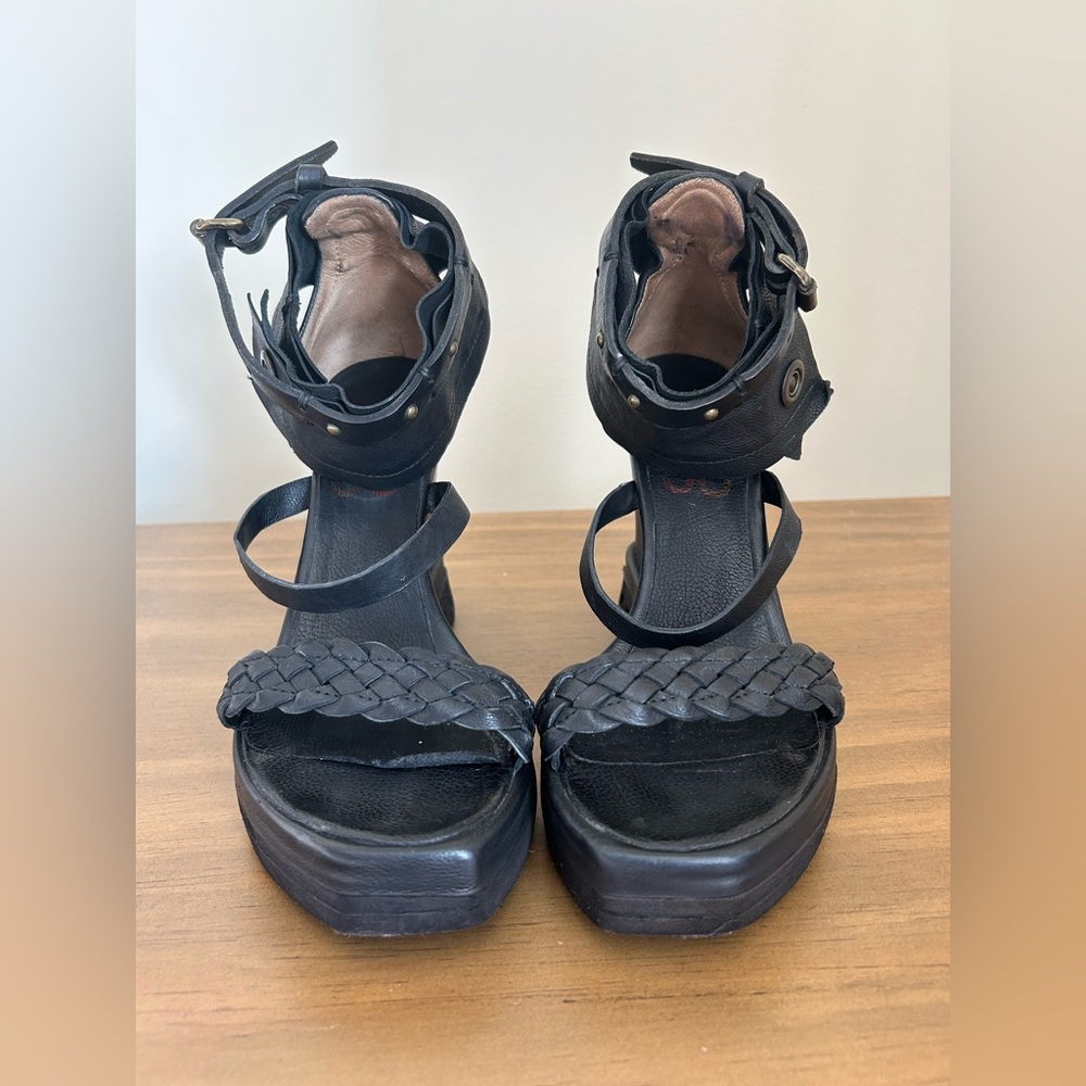 A.S.98 Black Platform Wedge Sandals